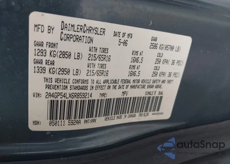 2006 Chrysler Town & Country Touring from USA, damaged, VIN 2A4GP54LX6R859214